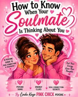 How To Know When Your Soulmate Is Thinking About you Ebook. Pink background with a man and.a woman looking lovingly into each other's eyes.