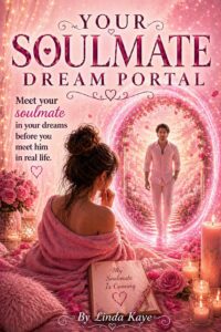 Your Soulmate Dream Portal Ebook by Linda Kaye - pink background with a woman in pink dreaming about her future soul mate