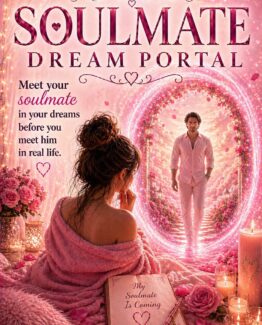 Your Soulmate Dream Portal Ebook by Linda Kaye - pink background with a woman in pink dreaming about her future soul mate