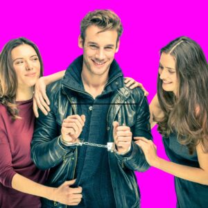 A man and two womenas smiling and happy.  Are you in a happy throuple relationship or is your happy throuple relationship starting to fall apart at the seams? Pink Chick Psychic to the rescue. I will channel the situation, and let you know how tthings will turn out for the three of you. 