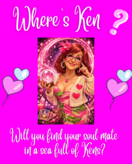 Hot Pink background with Pink Chick Psychic holding a crystal ball with hearts on her sweater. Where's Ken Psychic Love Reading -Will you find your soull mate in a sea full of barbies.