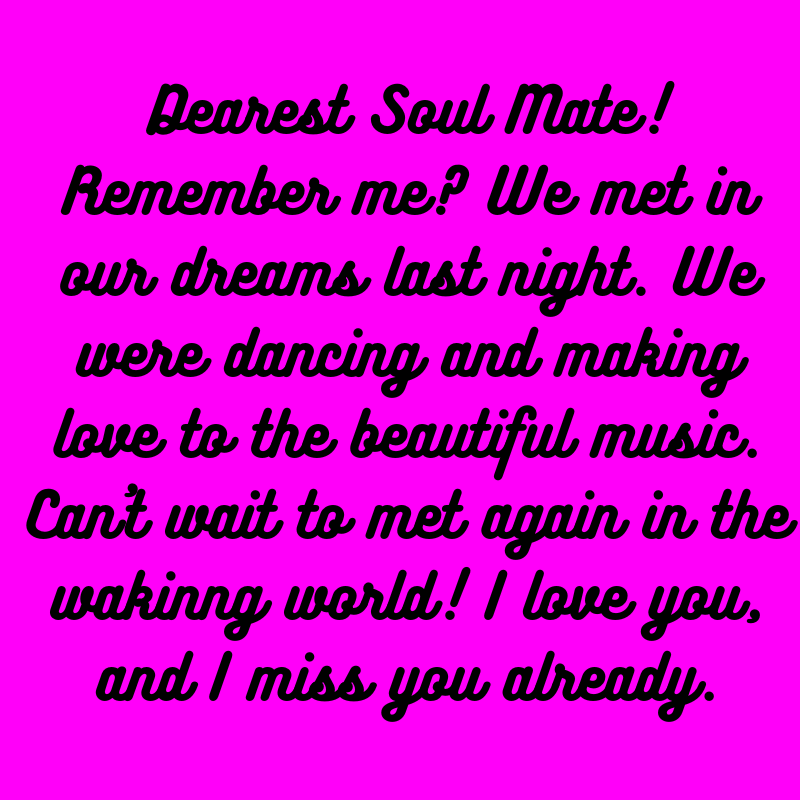 Dear Soul Mate. We met in our dreams last nighr. Do you remember. I love you already and miss you.