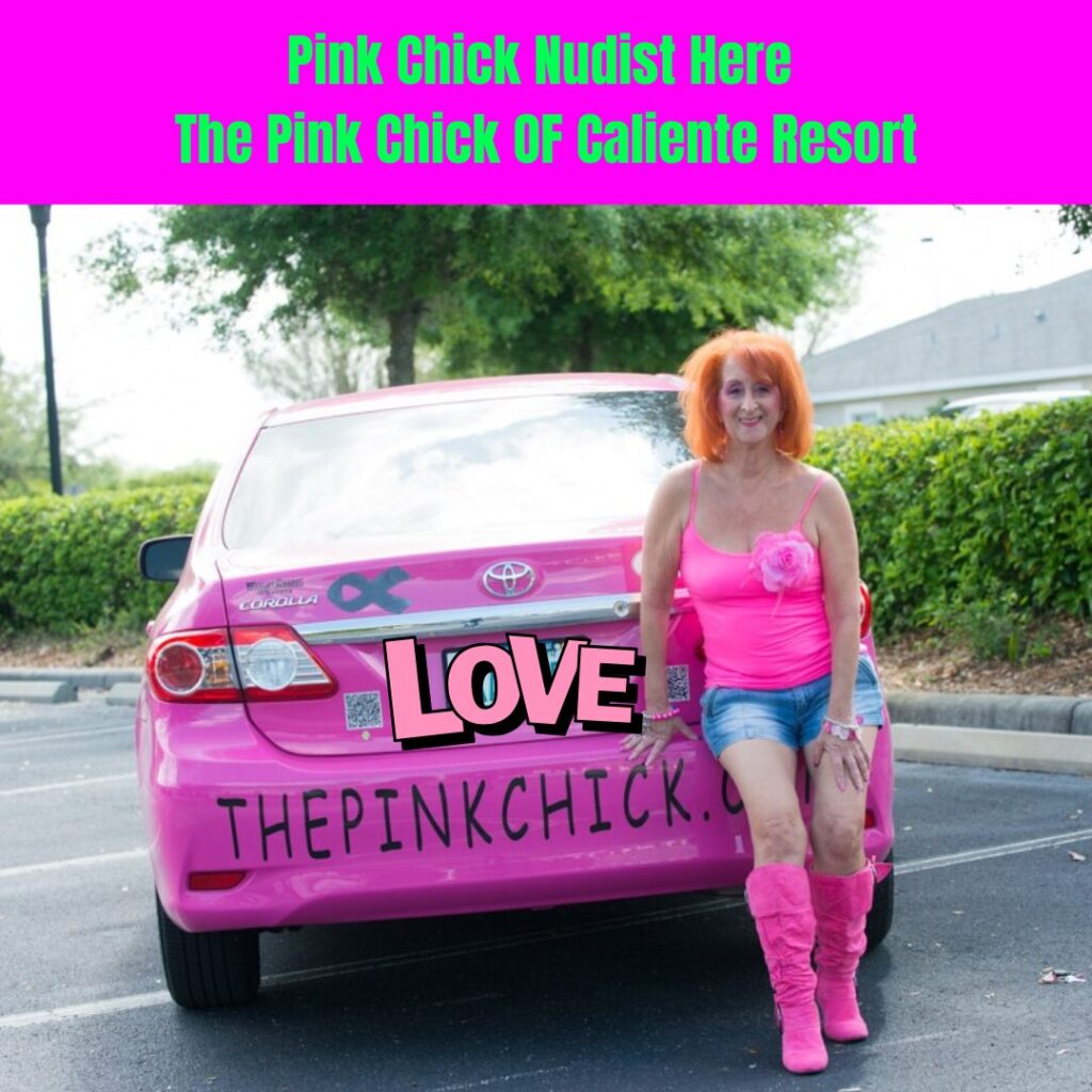 Linda, Pink Chick Nudist, & The Pink Chick Of Caliente Resort standing in frot back of her custom painted hot pink car.