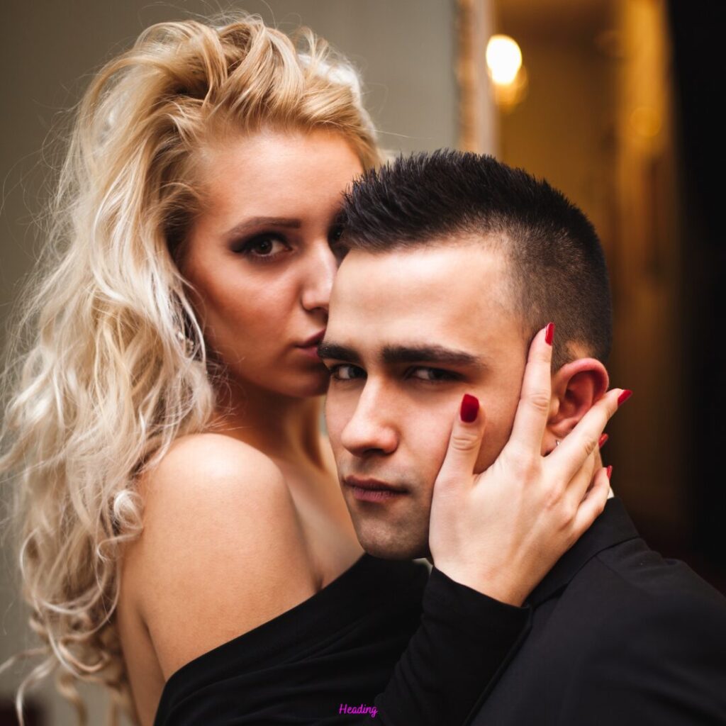 A Blond woman with her man, and they are sexually, emotionally and psychically connection.