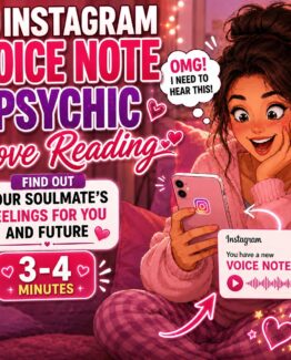 A woaan is excited, because she is receiving a 3-4 minute voice note psychic love reading on Instagram. pink background.