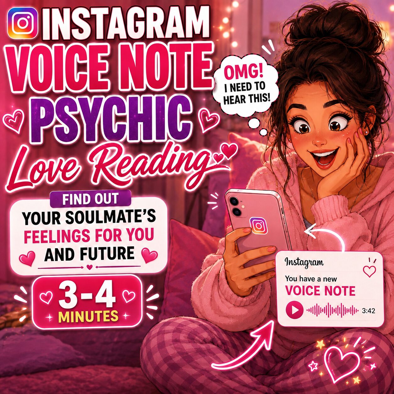 A woaan is excited, because she is receiving a 3-4 minute voice note psychic love reading on Instagram. pink background.