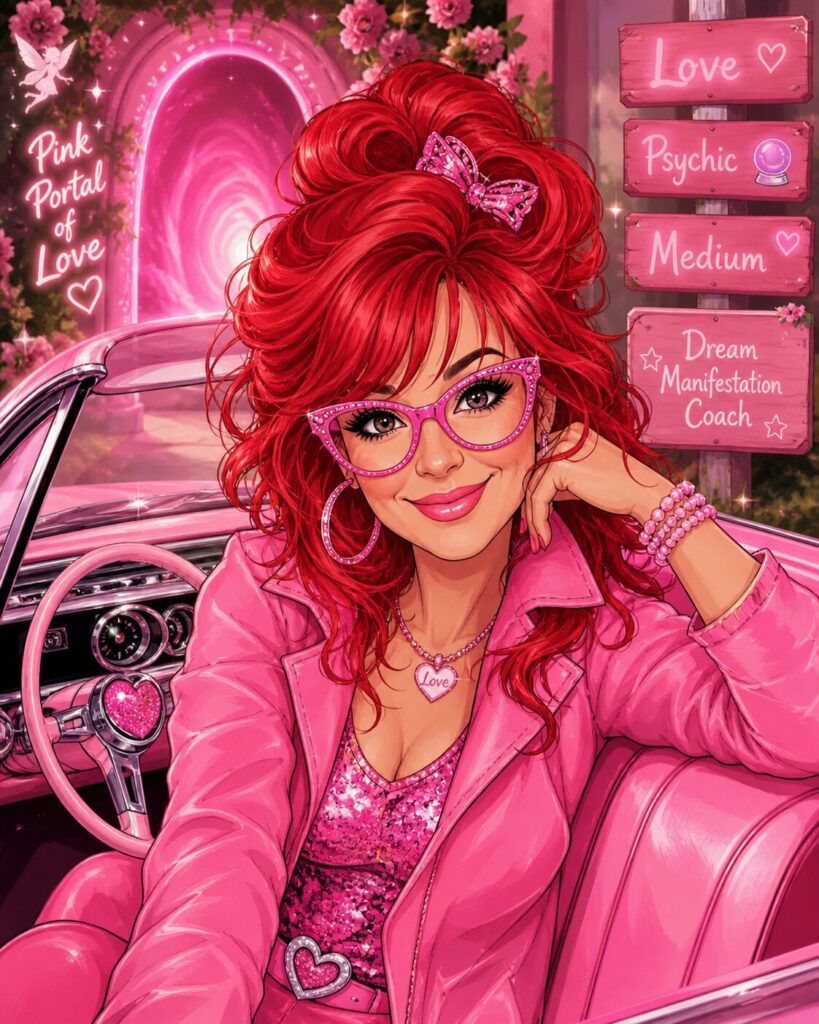 AI version of Linda Kaye, Pink Chick Psychic with pink background and red hair and pink glasses