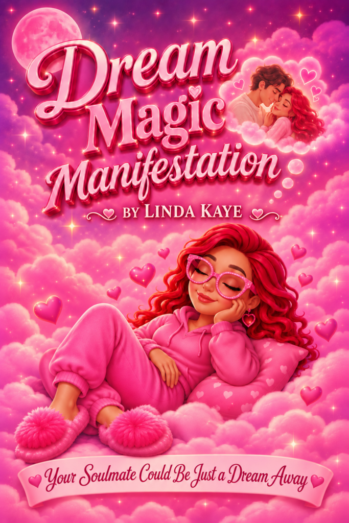 My Ebook Cover for Dream Magic Manifestation. Woman in pink dreaming abnout her soul mate
