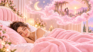 All pink picture with a woman sleeping after she asked Morpheus for a prophetic dream about her love life.