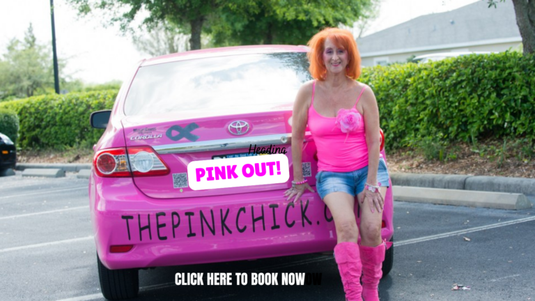Linda Kaye, Pink Chick Psychic, standing in front of her hot pink car. Linda has red hair and a pink top on with short jeans and pink boots.