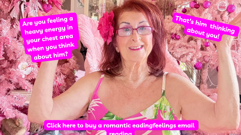 Linda, Pink Chick Psychic sitting in front of her two year round Christmas trees. The left hand says "Are you feeling a heavy energy in your chest area when you think about him. Right hand says "That's him thinking About you!". The bottom says buy a romantic feelings email reading today!.