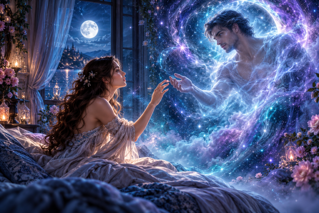 A woman in bed and a man reaching out in the dream lover to touch her hand. It is all blue. I channeled a message from the spirit of your dream lover.