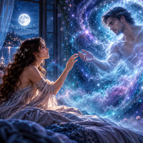 A woman in bed and a man reaching out in the dream lover to touch her hand. It is all blue. I channeled a message from the spirit of your dream lover.